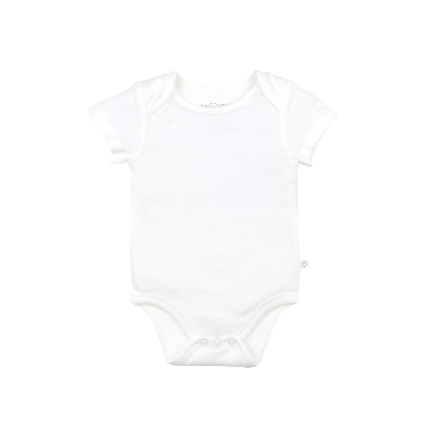 MORI White baby bodysuit with short sleeves and white trim, featuring two snap buttons at the bottom for easy dressing.