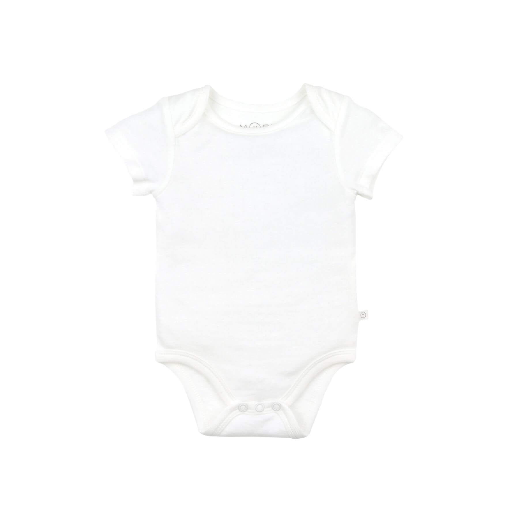 MORI White baby bodysuit with short sleeves and white trim, featuring two snap buttons at the bottom for easy dressing.