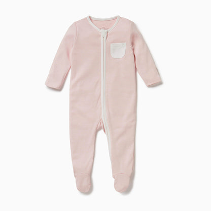 MORI Clever Zip Sleepsuit in blush stripe, featuring a front two-way zip for easy changing, long sleeves, footed design, and a small white chest pocket.