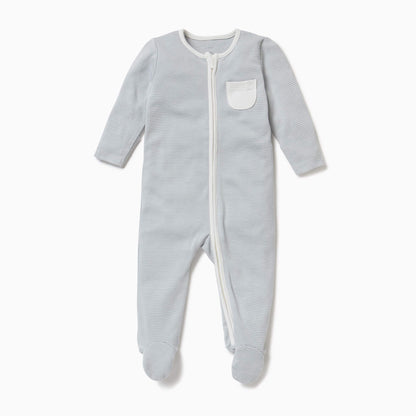 MORI Clever Zip Sleepsuit in blue stripe, featuring a front two-way zip for easy changing, long sleeves, footed design, and a small white chest pocket.