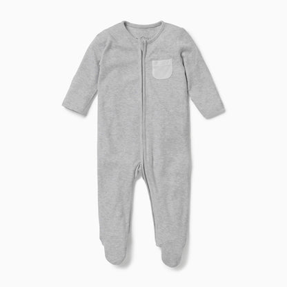 MORI Clever Zip Sleepsuit in grey, featuring a front two-way zip for easy changing, long sleeves, footed design, and a small white chest pocket.