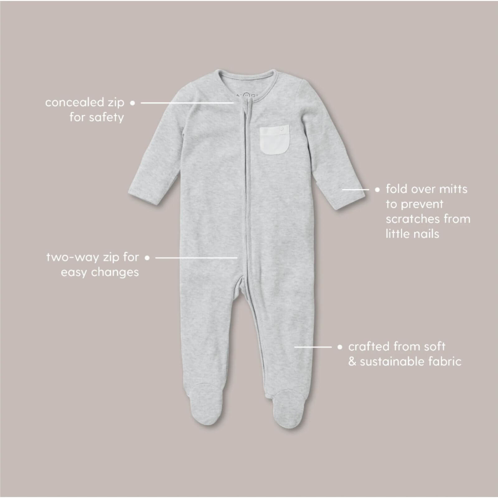 MORI Clever Zip Sleepsuit in grey, featuring a two-way concealed zip, fold-over mitts to prevent scratches, and crafted from soft, sustainable fabric.