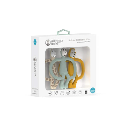 Matchstick Monkey animal teether gift set with antimicrobial protection, featuring giraffe, monkey, and lion teethers, ideal for soothing gums.