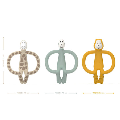 Matchstick Monkey animal teether gift set featuring giraffe, monkey, and lion teethers, 12 cm height and 7.5 cm width, ideal for soothing gums.