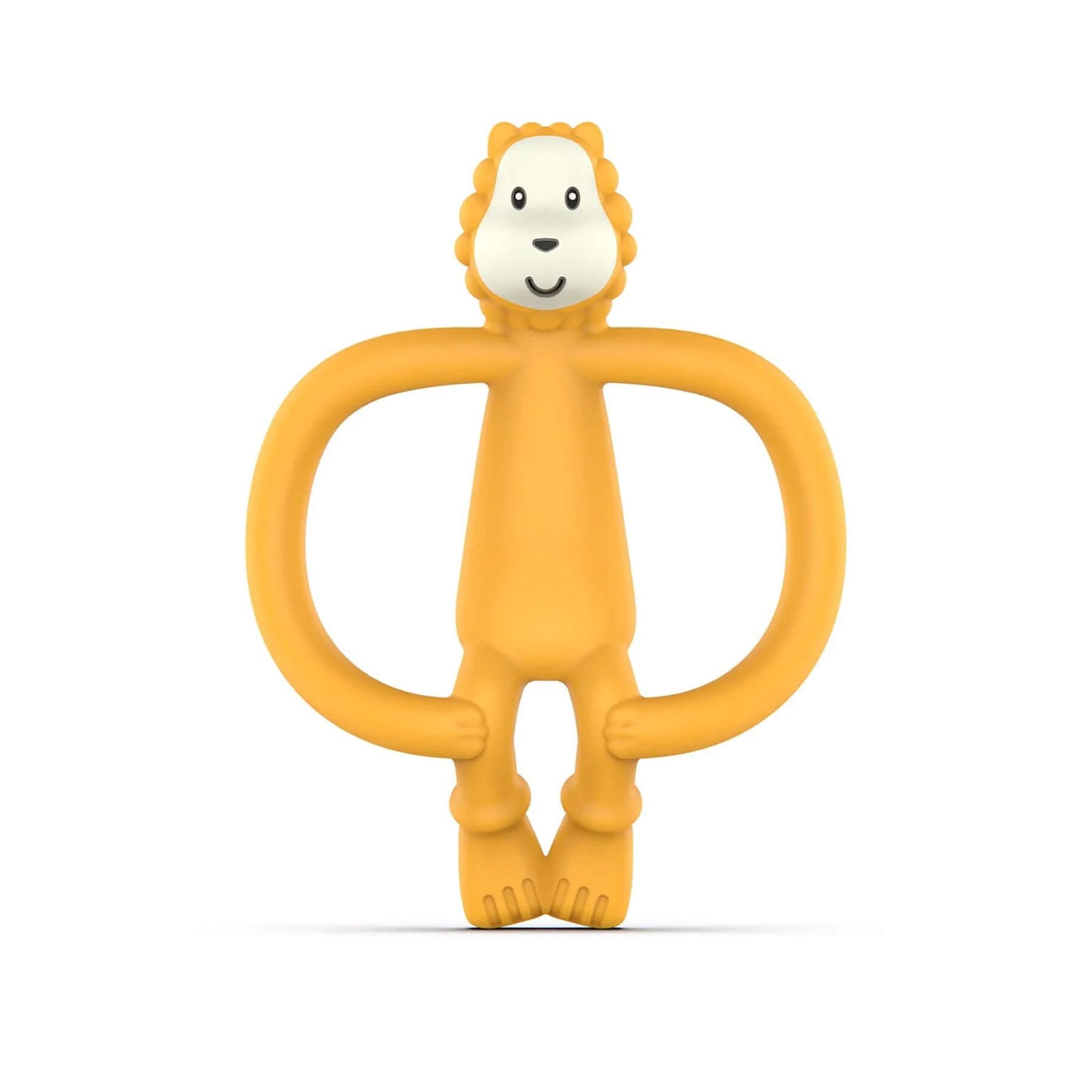 Matchstick Monkey Ludo Lion teether with a smiling lion face and easy-to-hold loops. Designed to soothe teething babies with textured surfaces.