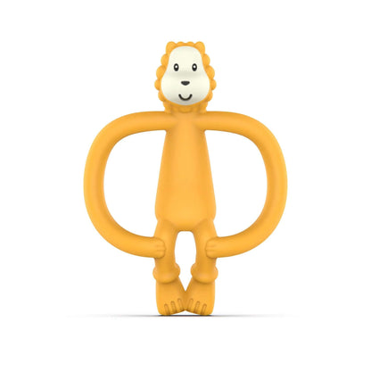 Matchstick Monkey Ludo Lion teether with a smiling lion face and easy-to-hold loops. Designed to soothe teething babies with textured surfaces.