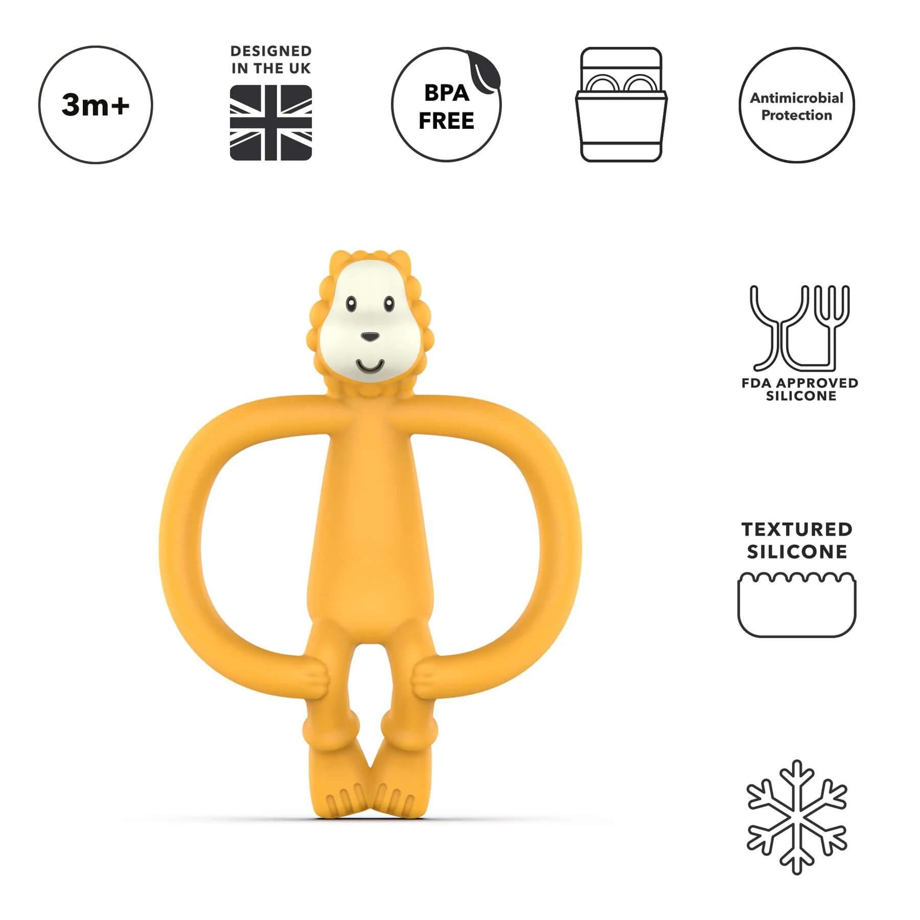 Matchstick Monkey Ludo Lion teether with antimicrobial protection, BPA-free and FDA-approved silicone, designed for babies 3+ months with textured surfaces for teething.