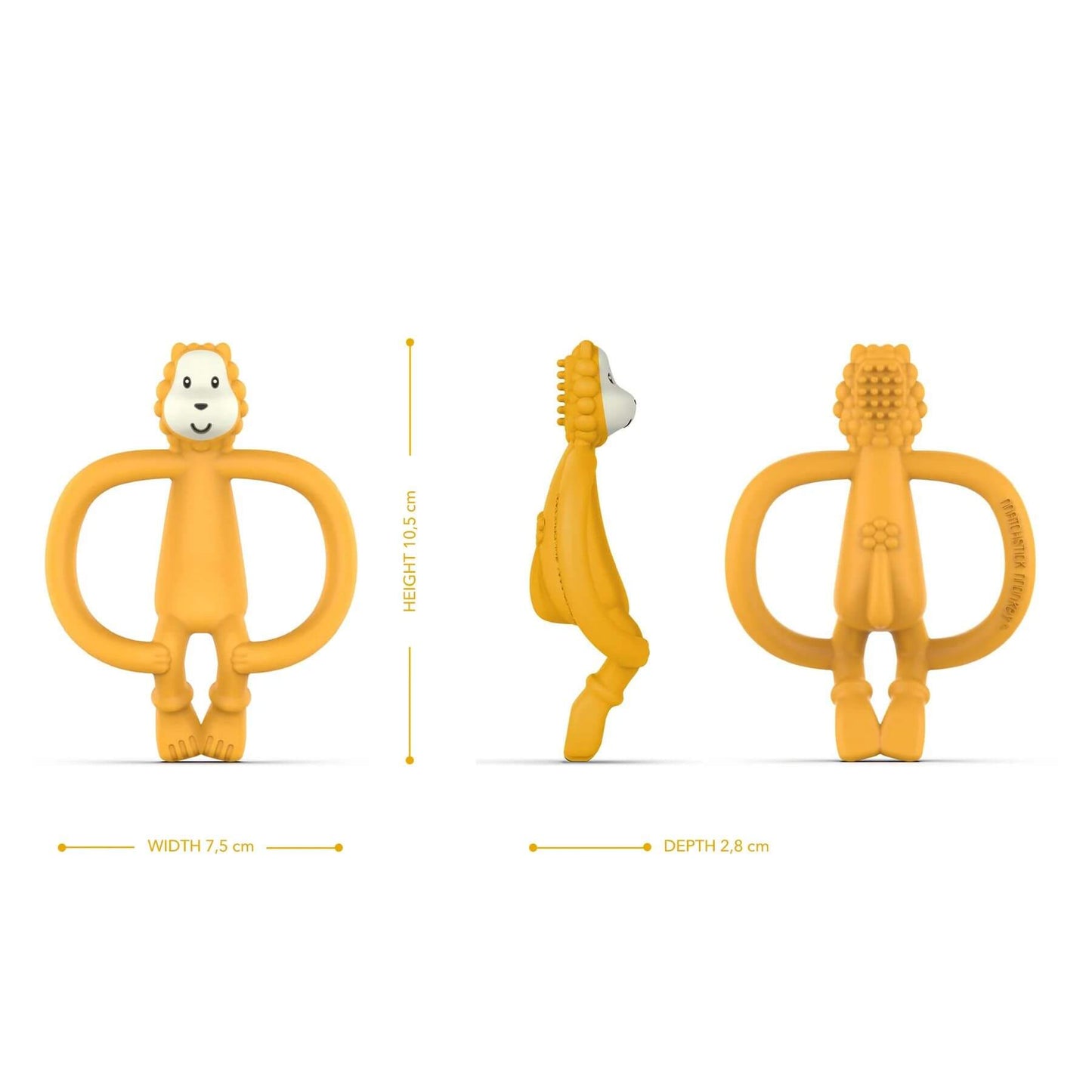 Front, side, and back views of the Matchstick Monkey Ludo Lion teether, with dimensions: 10.5 cm height, 7.5 cm width, and 2.8 cm depth. Textured back for teething relief.