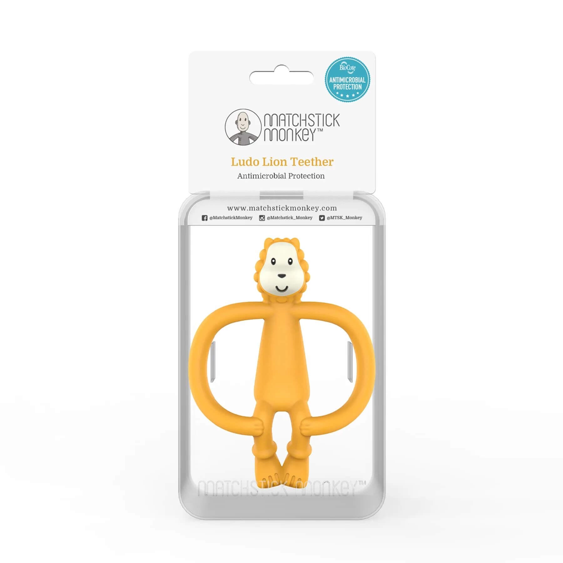 Packaging of the Matchstick Monkey Ludo Lion teether, featuring antimicrobial protection. The lion-shaped teether is designed for soothing teething babies.