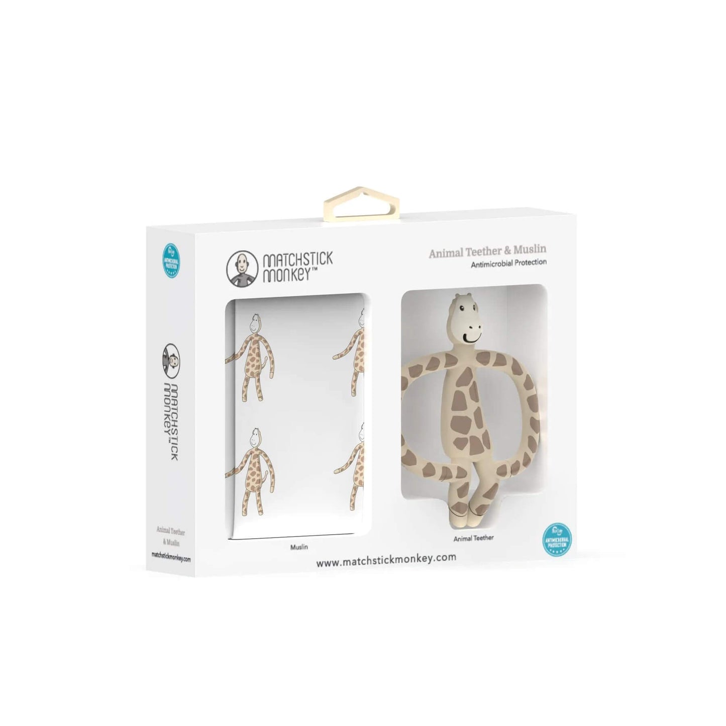 Matchstick Monkey animal teether and muslin gift set with antimicrobial protection, featuring a giraffe teether and matching muslin cloth, ideal for teething relief.