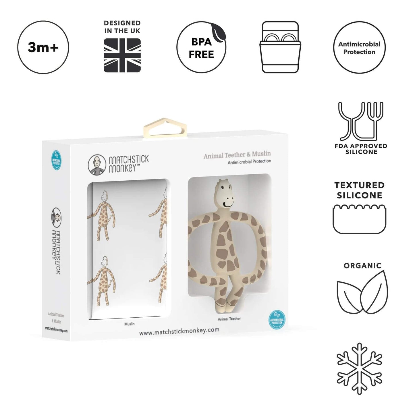 Matchstick Monkey animal teether and muslin gift set, BPA-free, featuring a giraffe teether and organic muslin cloth with antimicrobial protection.