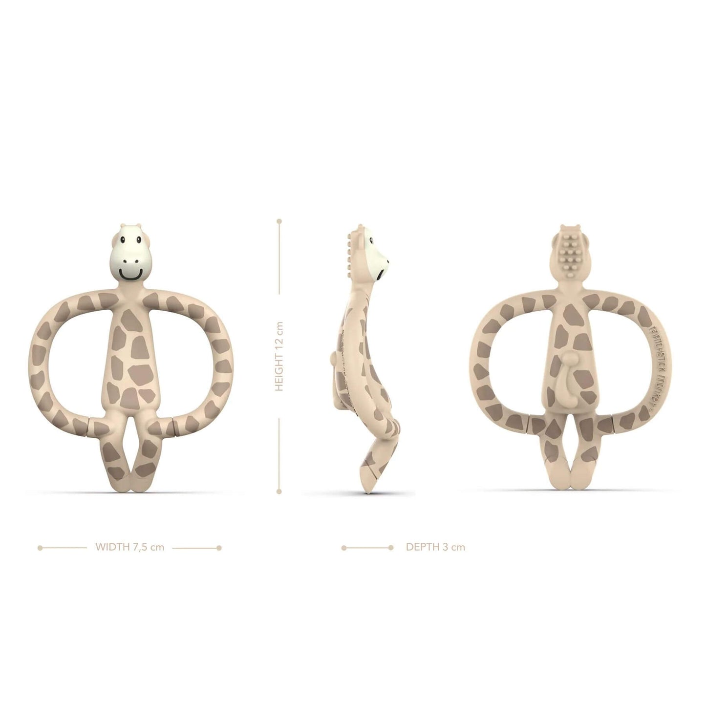 Matchstick Monkey giraffe teether, with dimensions 12 cm height, 7.5 cm width, and 3 cm depth, ideal for soothing gums.