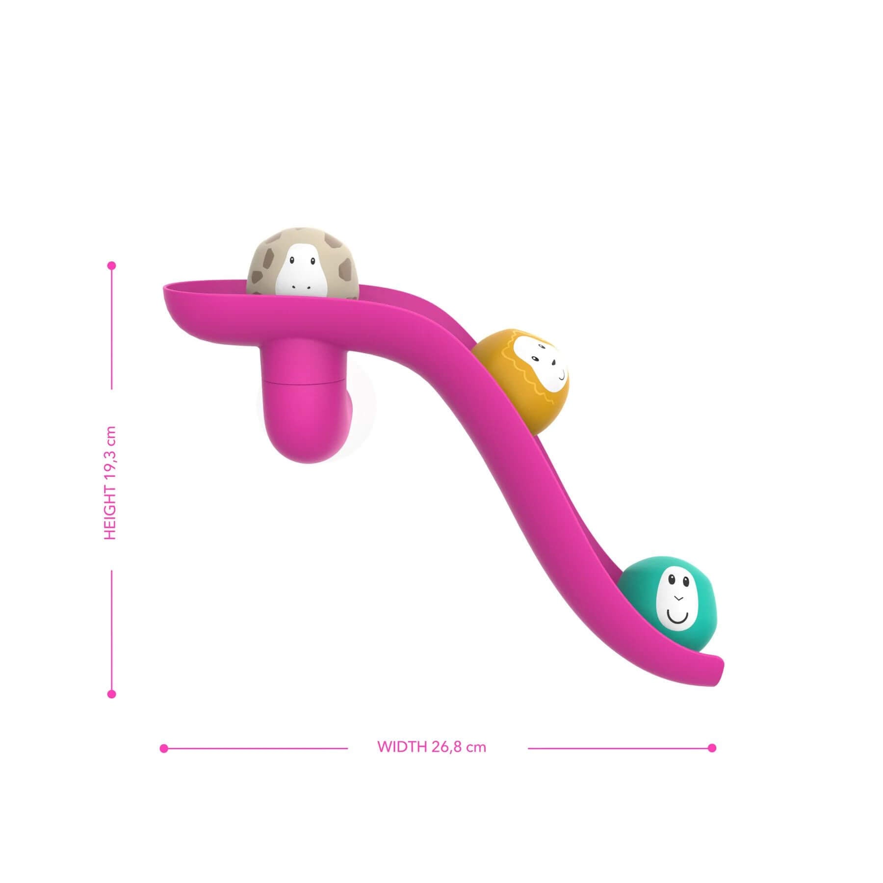 Dimensions of the pink Matchstick Monkey bath slide set with animal rocks shown: 19.3 cm height and 26.8 cm width, ideal for bath play