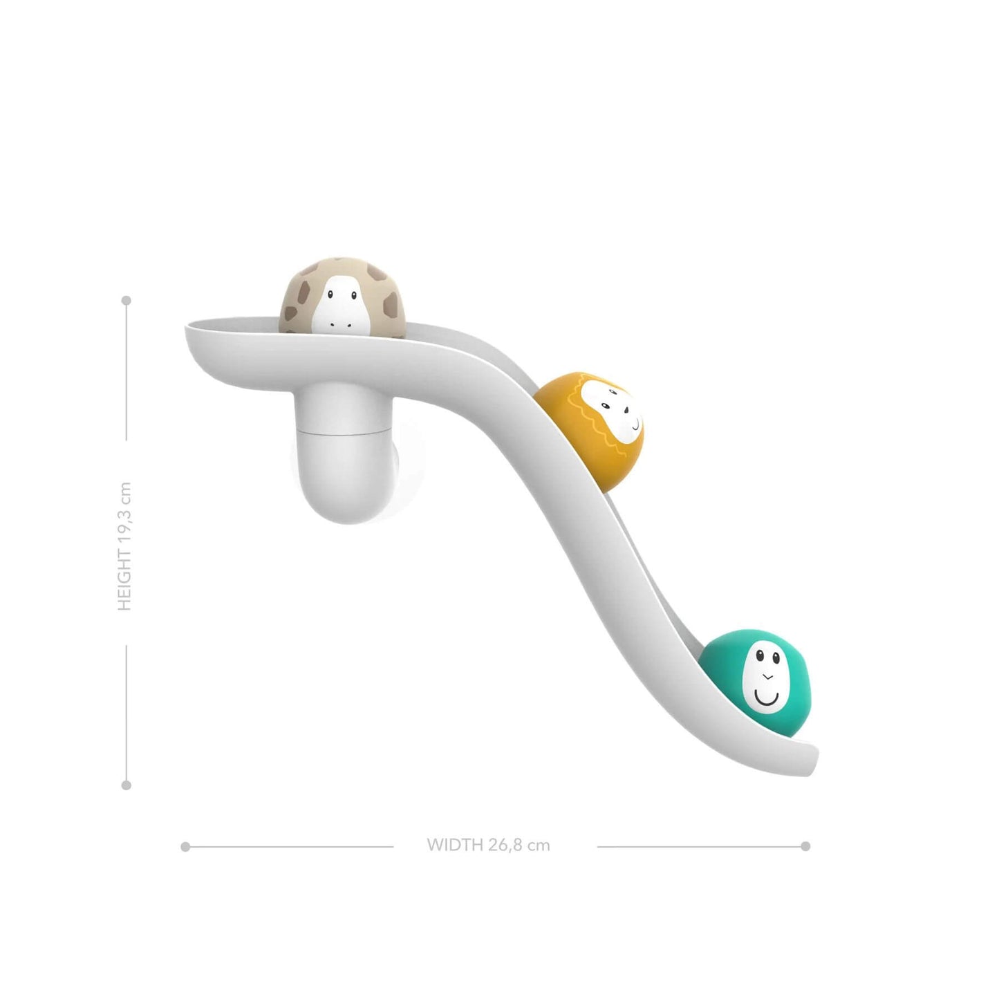 Dimensions of the white Matchstick Monkey bath slide set with animal figures shown: 19.3 cm height and 26.8 cm width, ideal for bath play.