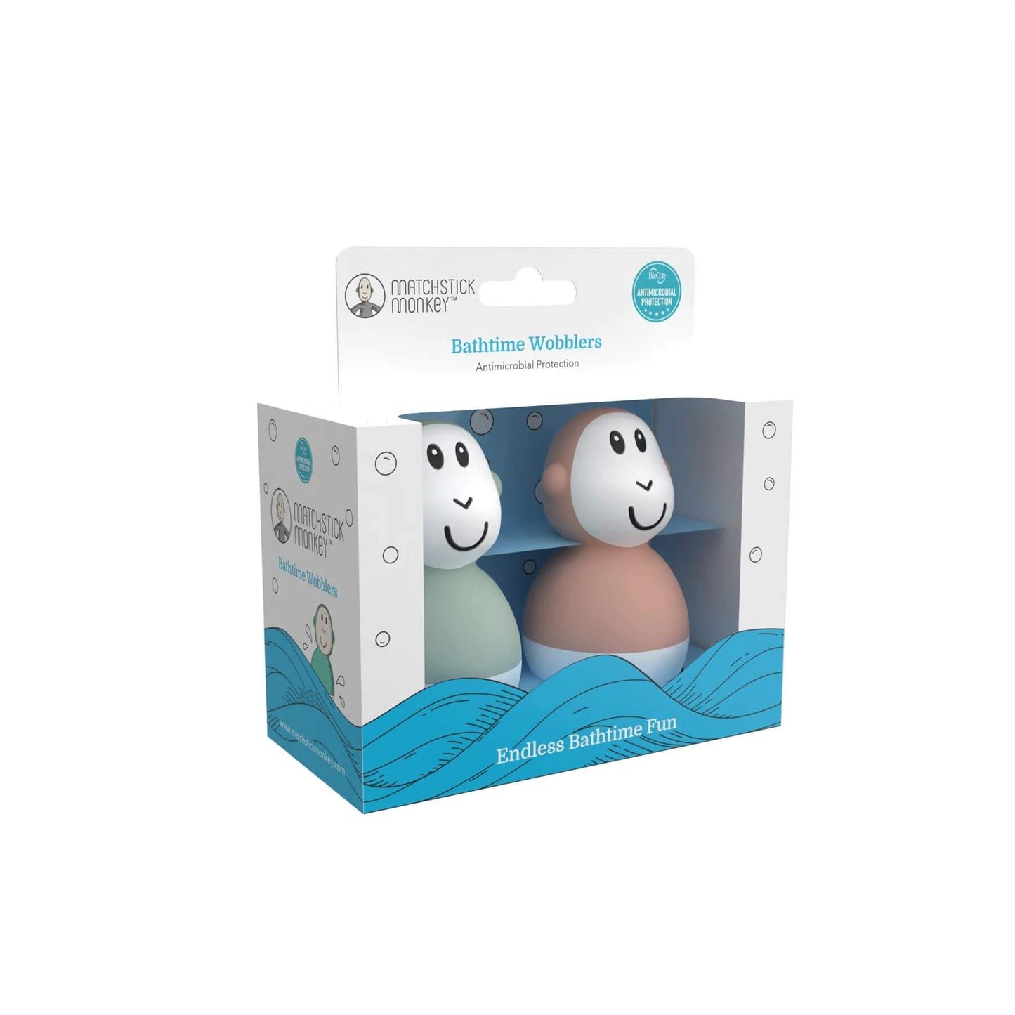 Matchstick Monkey bathtime Mint and Dusty Pink wobblers in packaging, featuring antimicrobial protection, perfect for sensory play and motor skill development for 6 months+.