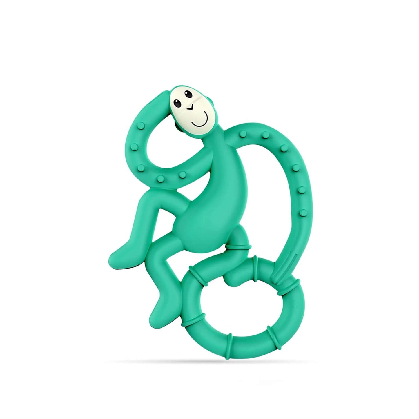 Green monkey-shaped teether with textured handles designed for babies to chew and soothe gums. Features a smiling face and ergonomic design for easy grip.