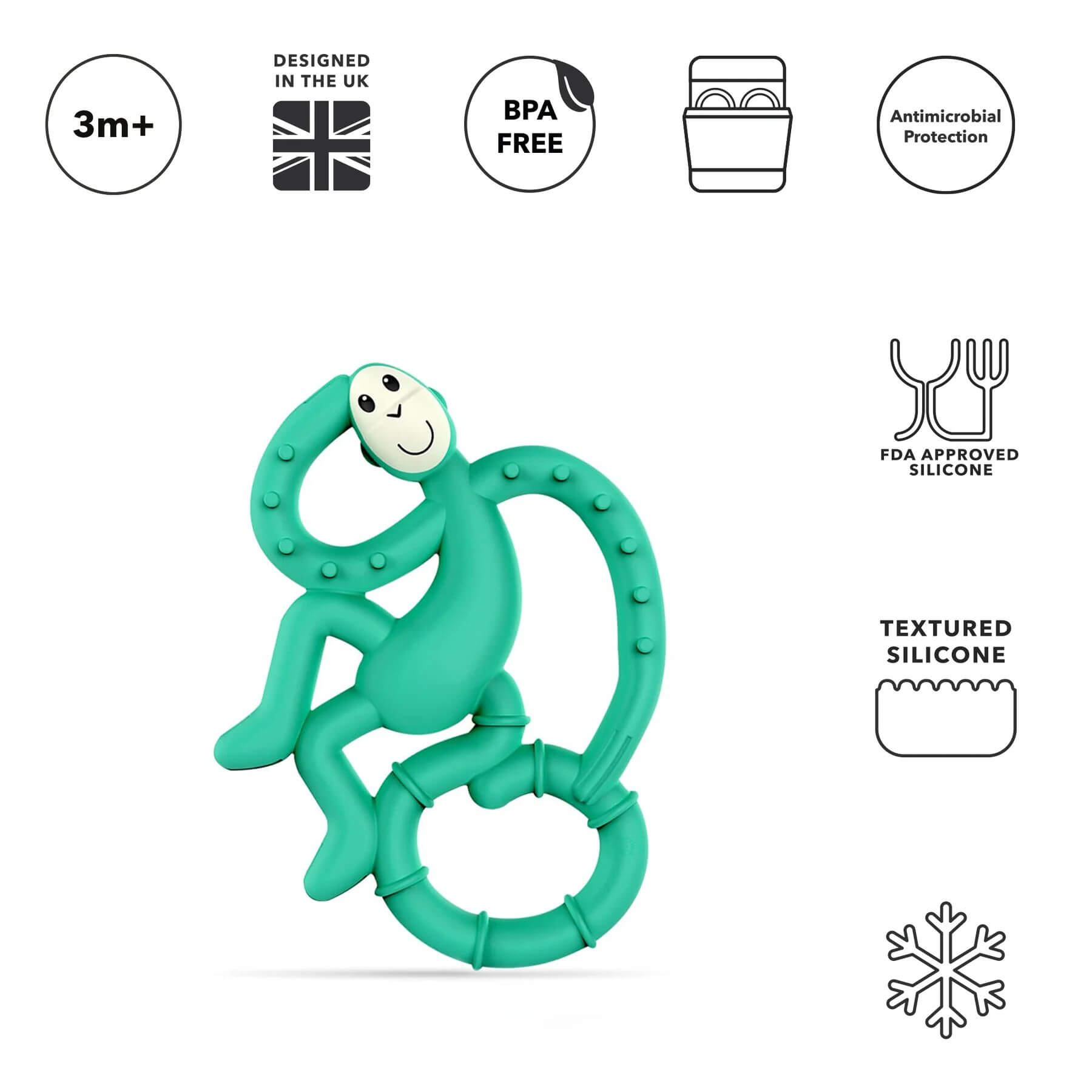 A green Matchstick Monkey mini teether featuring a monkey design with textured silicone. The teether is shown with UK design, BPA free, and antimicrobial protection icons.