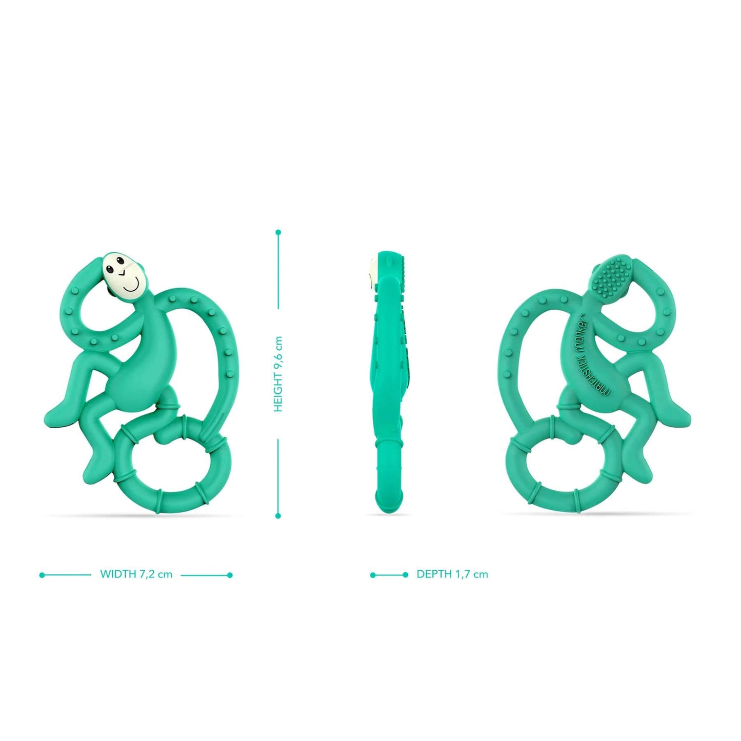 Green Matchstick Monkey mini teether from front, side, and back views. It features soft, textured silicone for teething relief and measures 9.6 cm in height, 7.2 cm in width, and 1.7 cm in depth. Designed for easy gripping by babies.