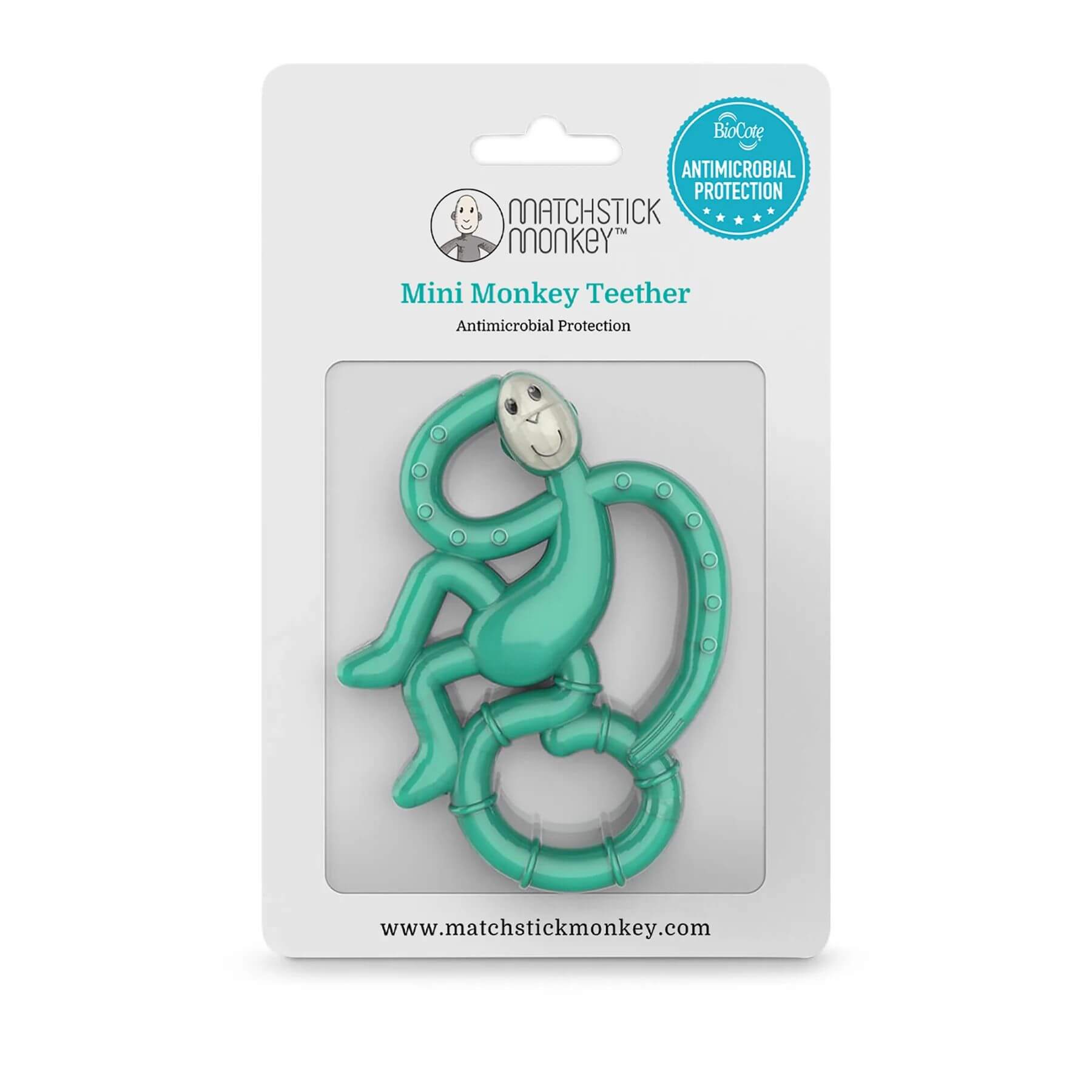 Mini green Matchstick Monkey teether with a curved tail and arms. Teether, in packaging. Includes textured nubs for teething relief.