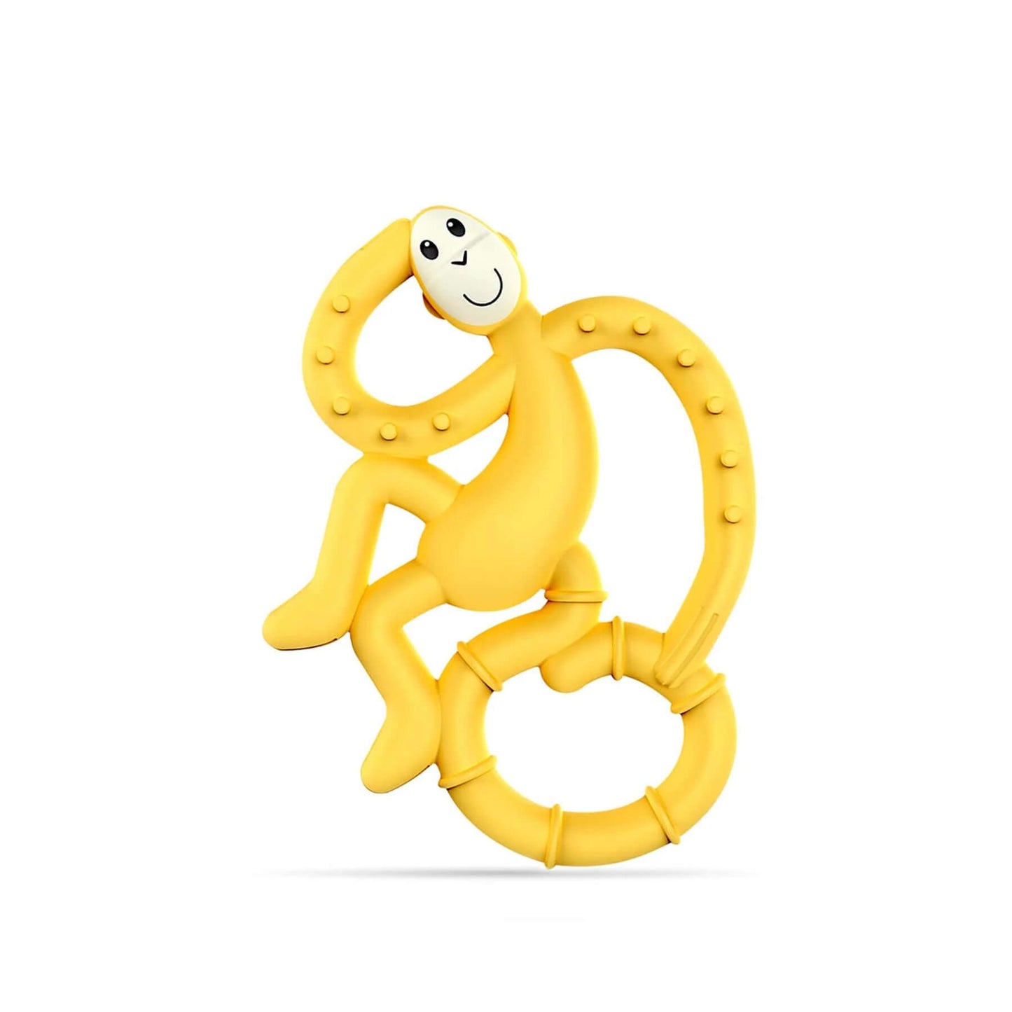 Yellow monkey-shaped teether with textured handles designed for babies to chew and soothe gums. Features a smiling face and ergonomic design for easy grip."