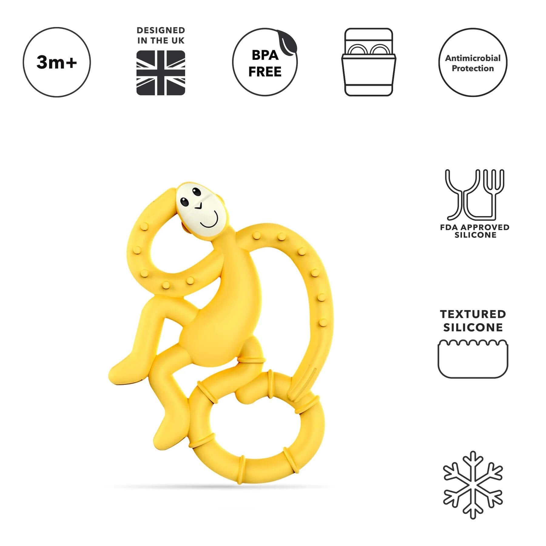 A yellow Matchstick Monkey mini teether featuring a monkey design with textured silicone. The teether is shown with UK design, BPA free, and antimicrobial protection icons.