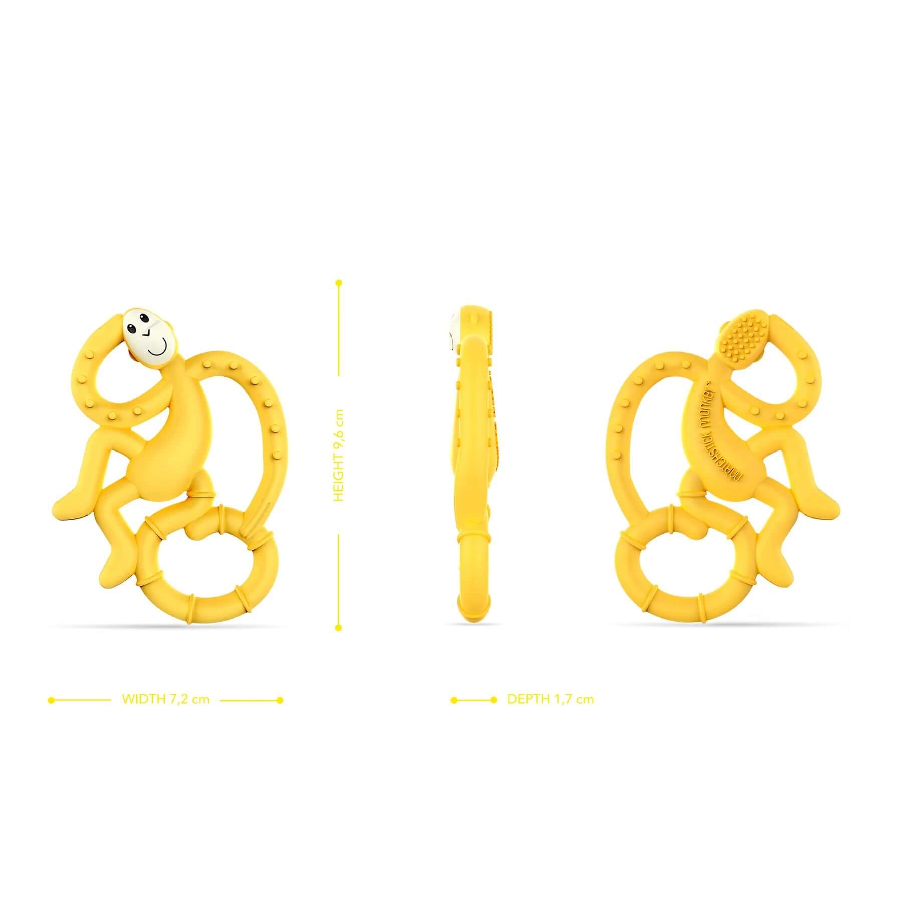 Front and side view of a yellow Matchstick Monkey mini teether with textured silicone for easy gripping and soothing teething relief for babies. Dimensions shown.