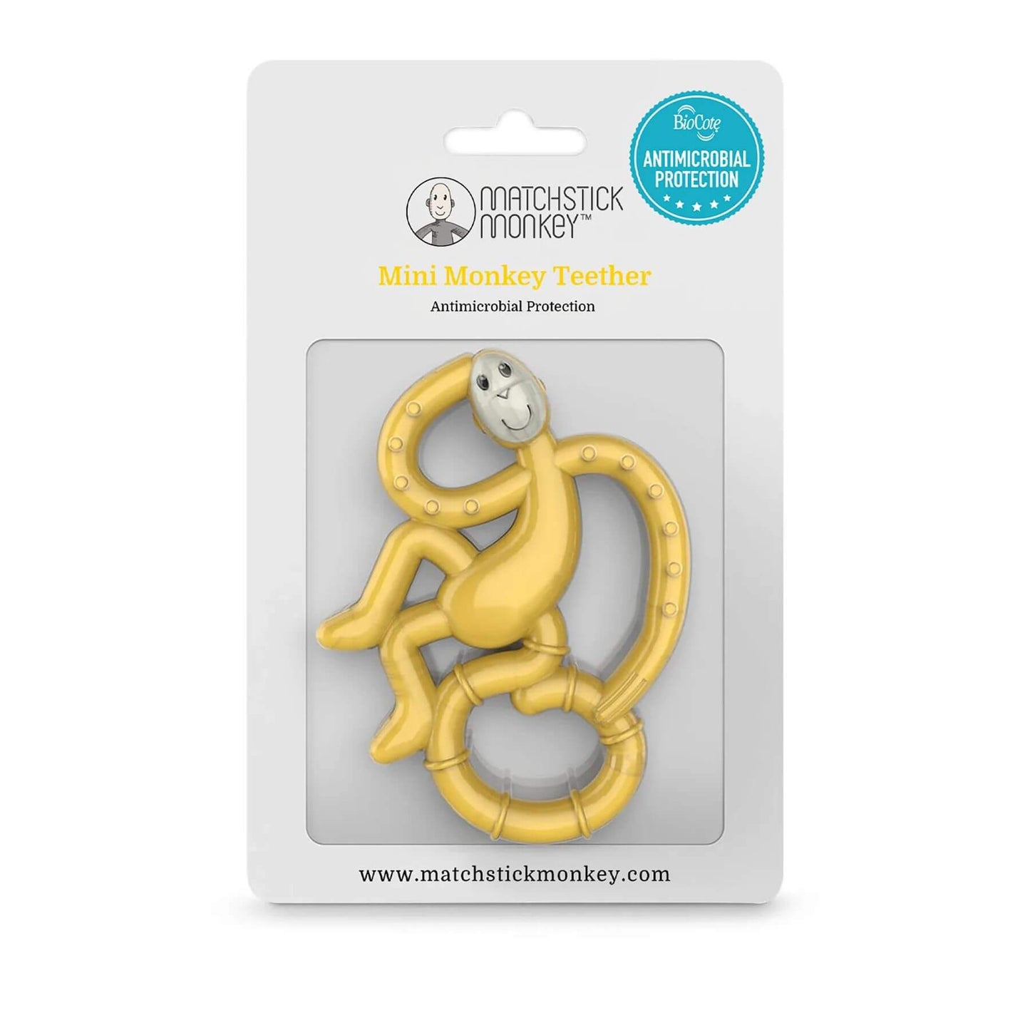 Mini blue Matchstick Monkey teether with a curved tail and arms. Teether, in packaging. Includes textured nubs for teething relief.