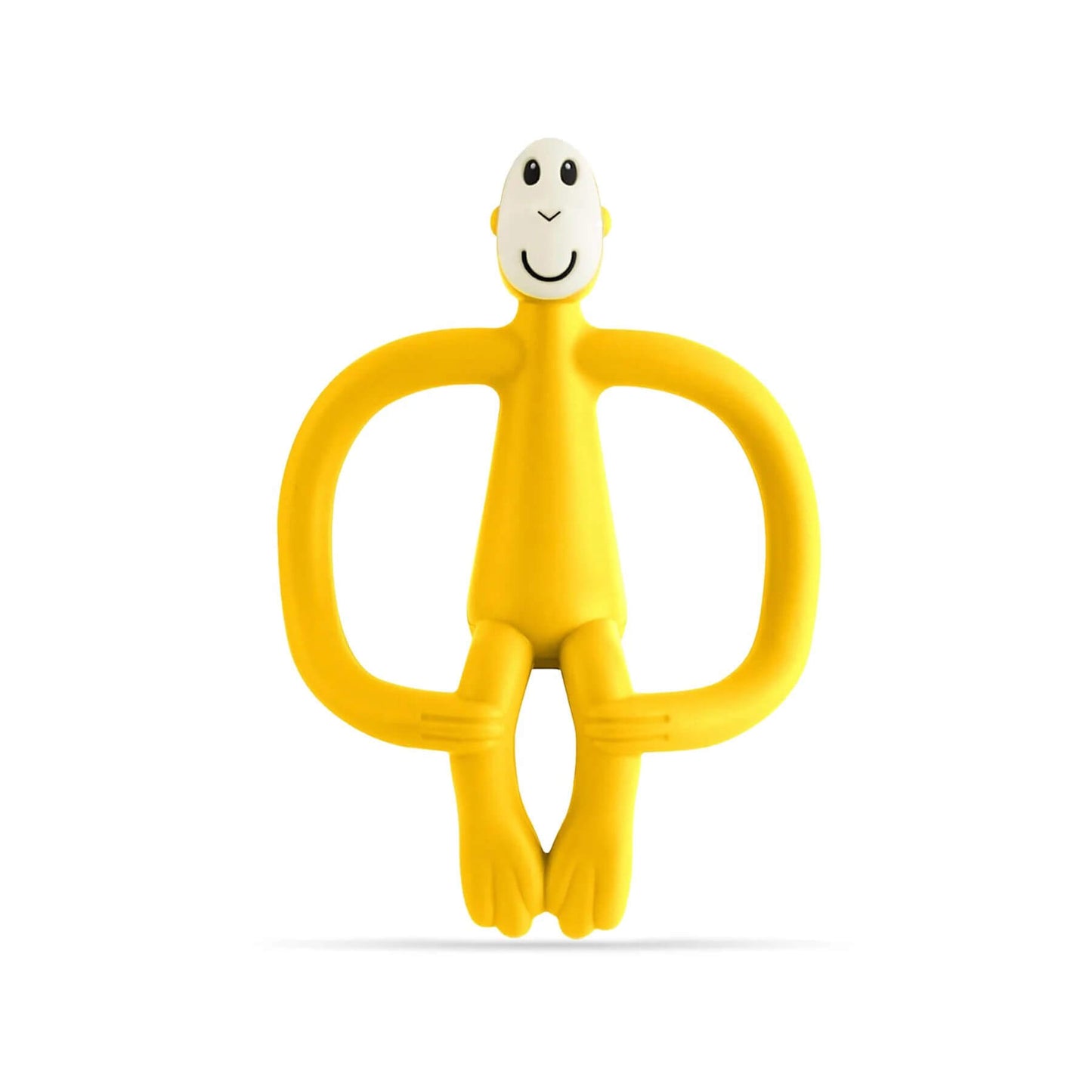 Yellow Matchstick Monkey original teether designed with wide arms for easy grip. Features a smiling monkey face and textured silicone for teething relief.