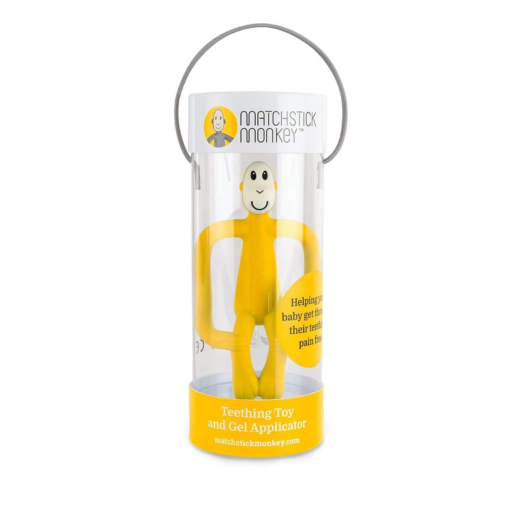 Yellow Matchstick Monkey original teether toy in packaging. Suitable for 3 months and older. Features soft silicone for teething relief and a gel applicator.