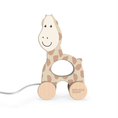 Matchstick Monkey wooden pull-along toy featuring a cute, smiling giraffe design with natural wooden wheels, perfect for toddlers.