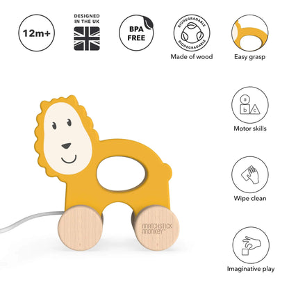 Matchstick Monkey wooden pull-along toy for toddlers, designed to enhance motor skills, imaginative play, and easy to wipe clean. BPA-free and eco-friendly.