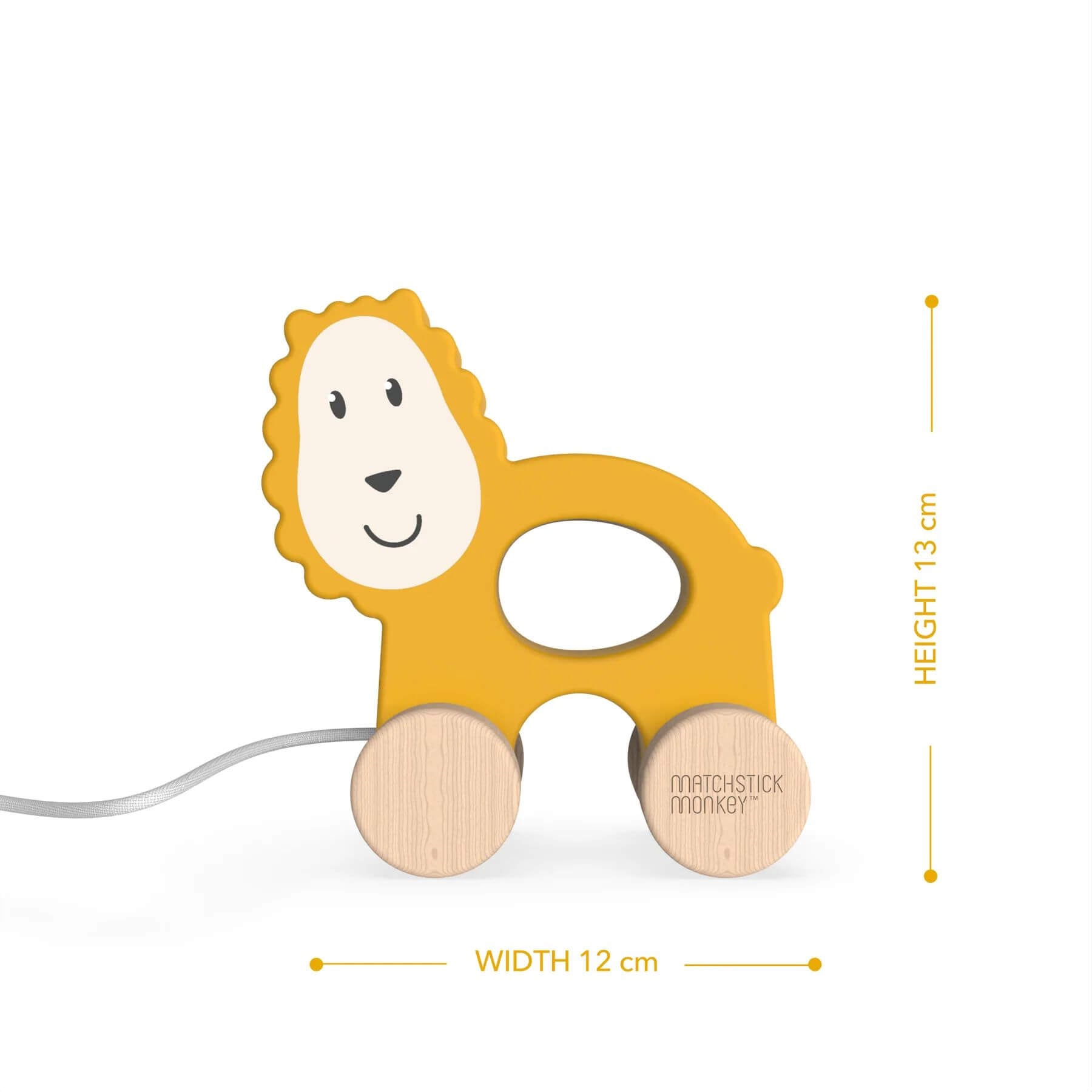 Matchstick Monkey wooden pull-along toy for toddlers, measuring 13cm in height and 12cm in width, designed for motor skills and imaginative play.