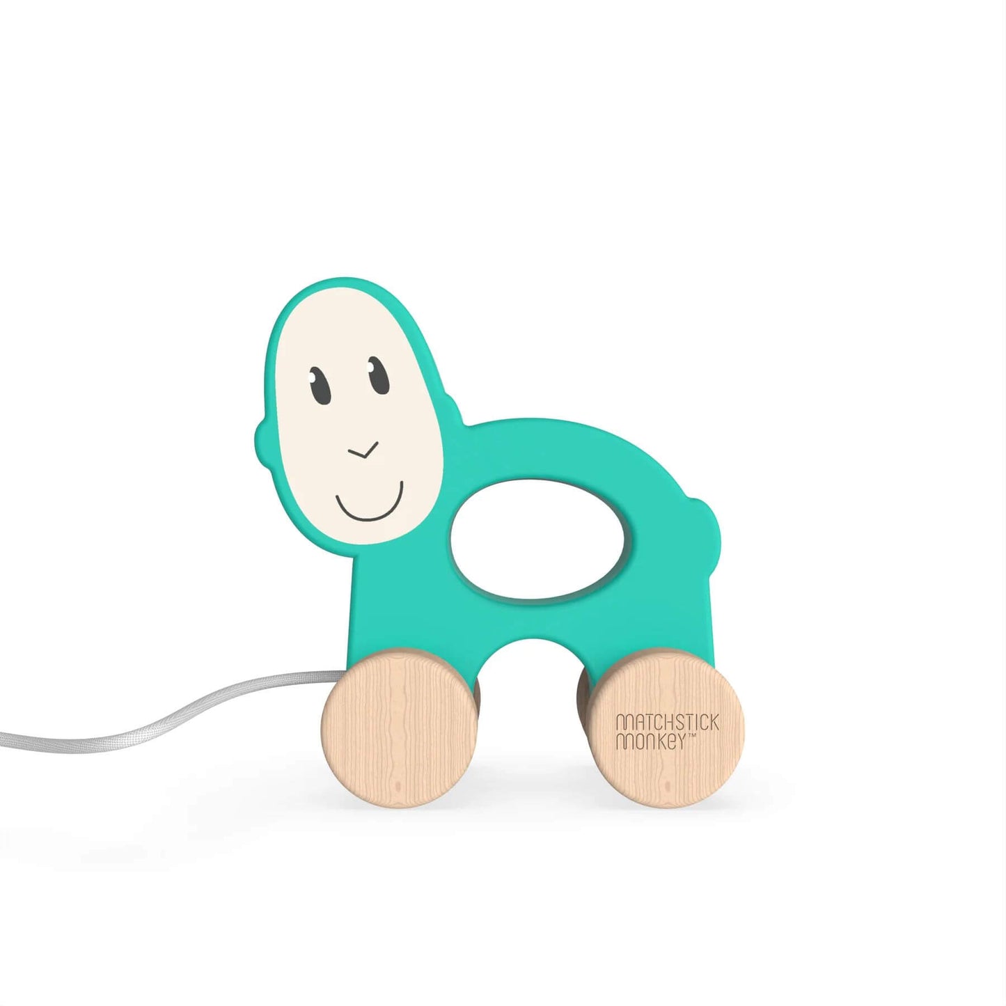 Matchstick Monkey wooden pull-along toy featuring a cute, smiling monkey design with natural wooden wheels, perfect for toddlers.