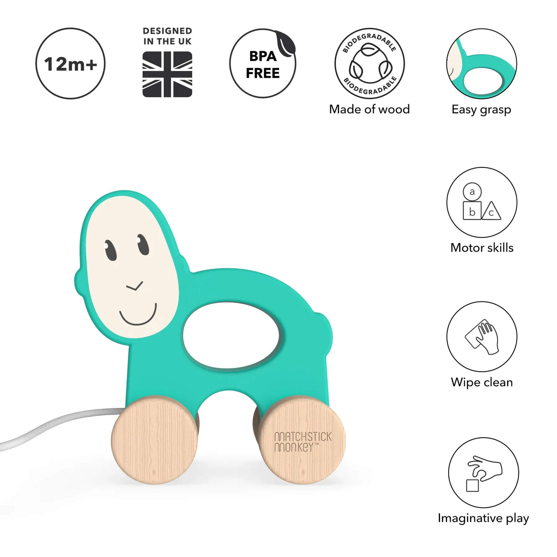 Matchstick Monkey wooden pull-along toy for toddlers, designed to enhance motor skills, imaginative play, and easy to wipe clean. BPA-free and eco-friendly.