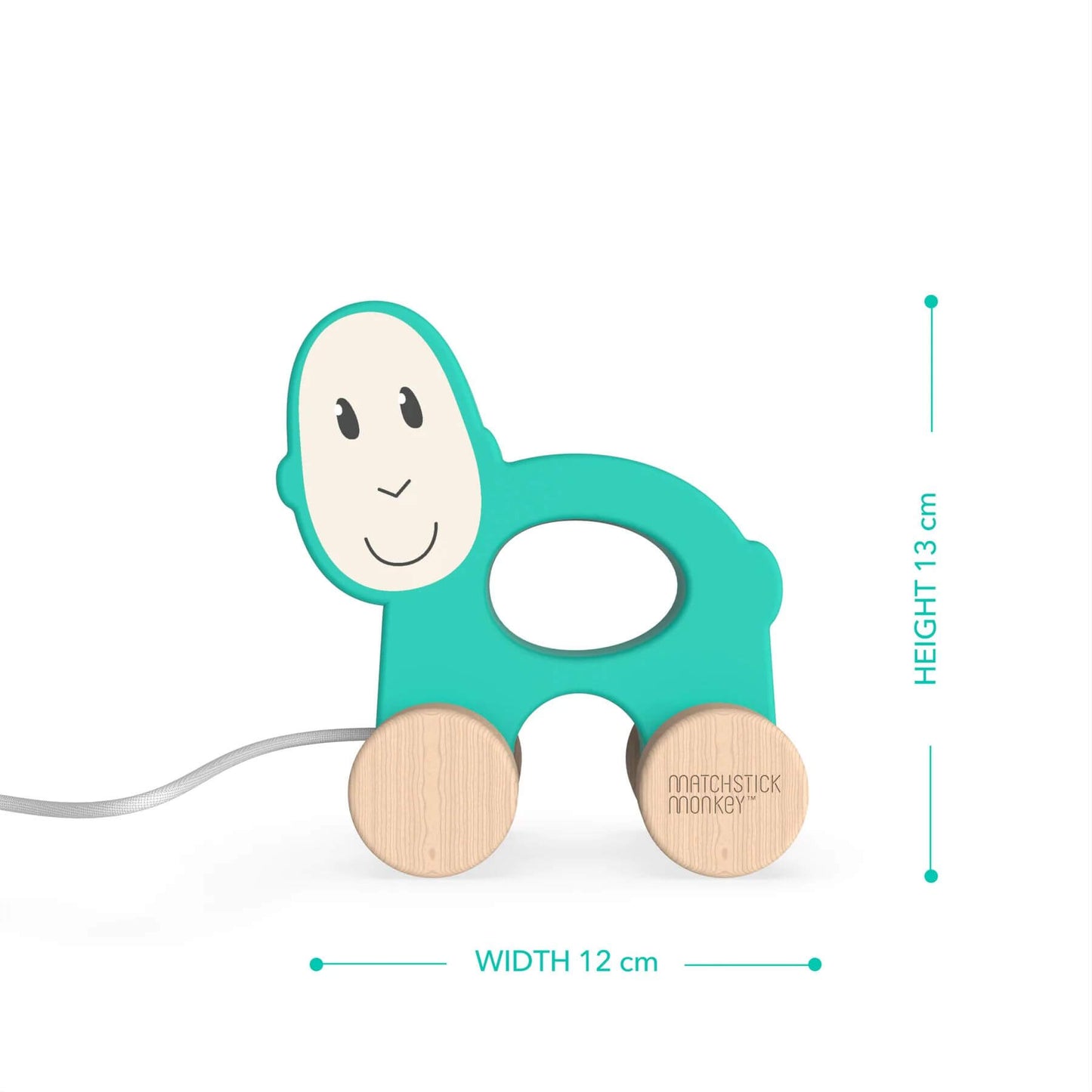 Matchstick Monkey wooden pull-along toy for toddlers, measuring 13cm in height and 12cm in width, designed for motor skills and imaginative play.