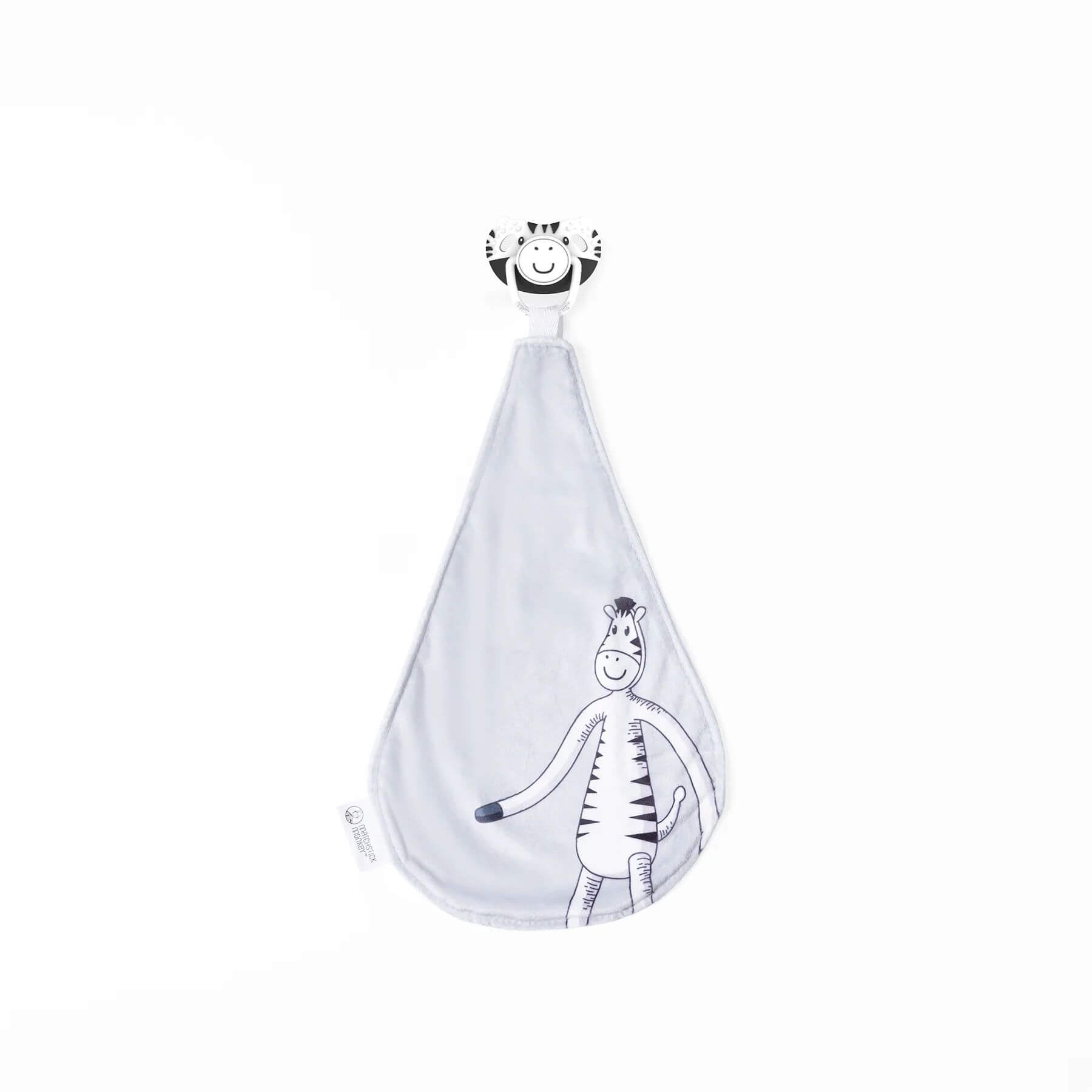 Matchstick Monkey all-in-one teething soother and comforter featuring a soft blankie and Zippy Zebra design. Perfect for soothing babies while providing comfort.