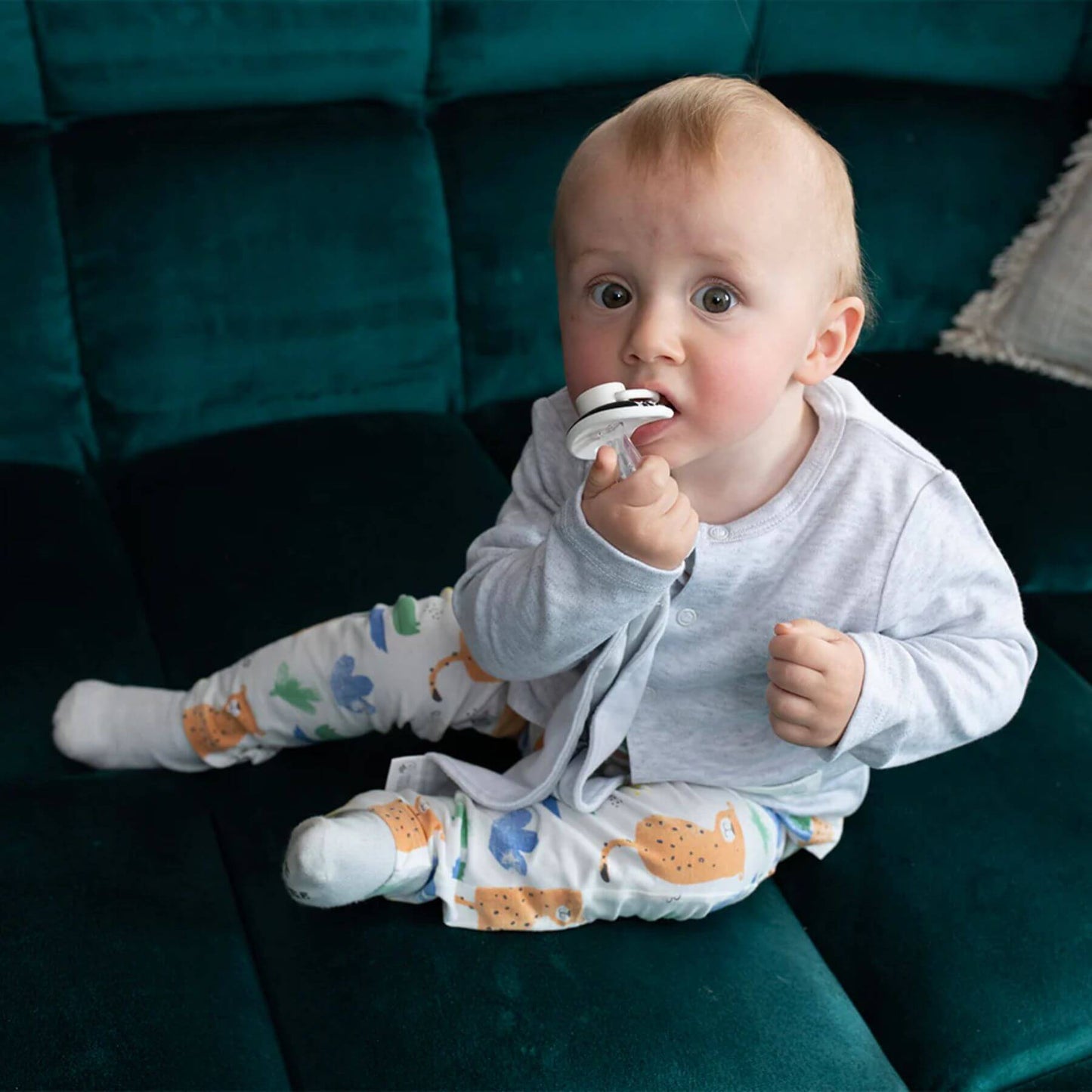 A baby holding the Matchstick Monkey all-in-one teething soother and comforter featuring Zippy the Zebra. Perfect for soothing and comforting during teething.