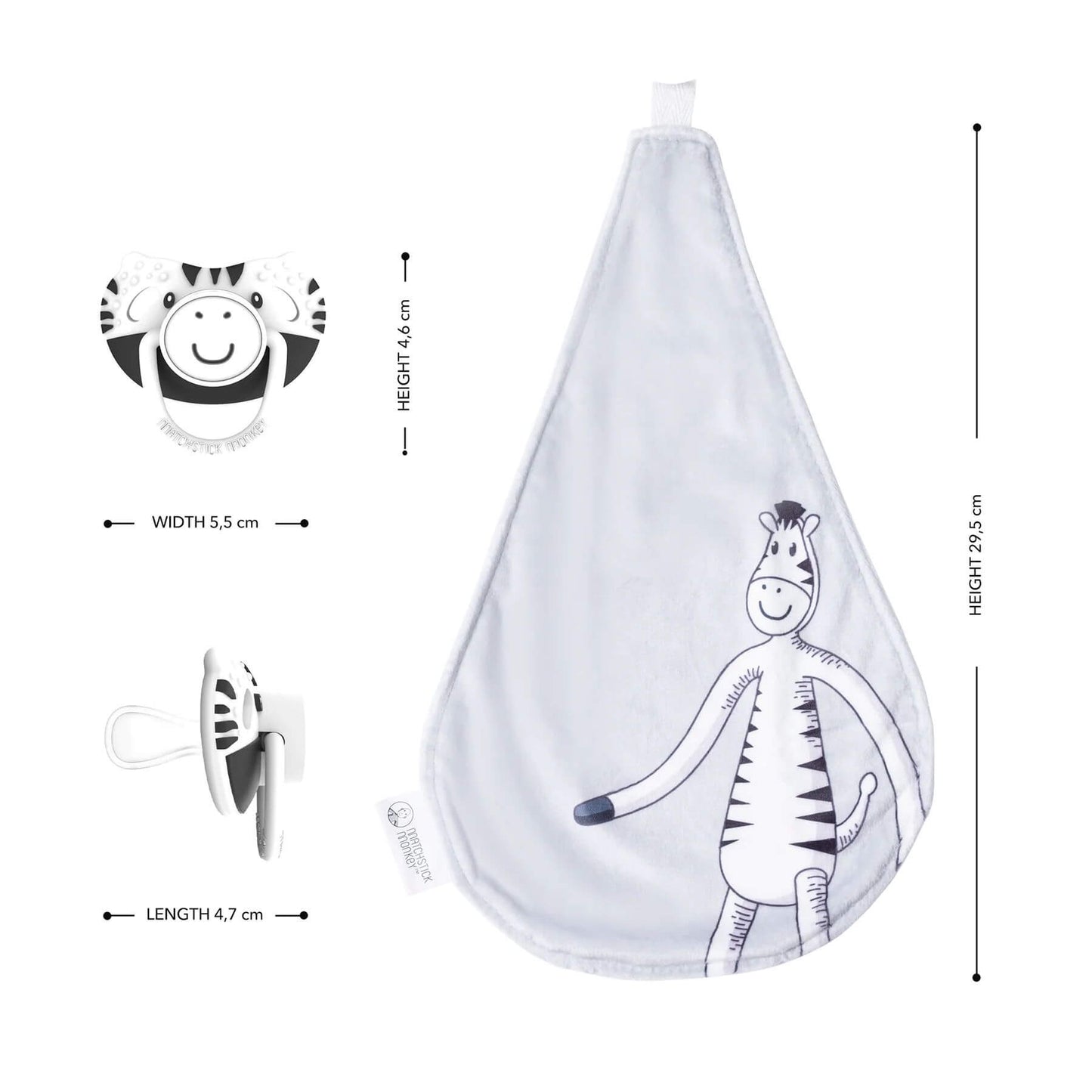 Matchstick Monkey all-in-one teething soother and comforter featuring Zippy Zebra. Includes dimensions for both the soother and comforter. Perfect for soothing and comforting babies.