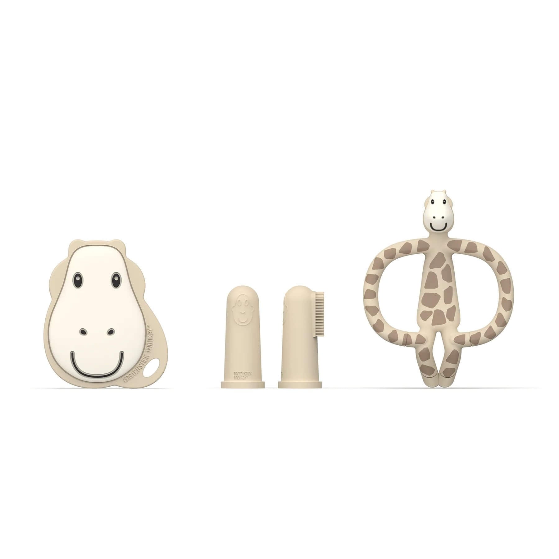 Matchstick Monkey gigi giraffe teething starter set with a teething toy, two finger toothbrushes, and a silicone teether, ideal for baby dental care.