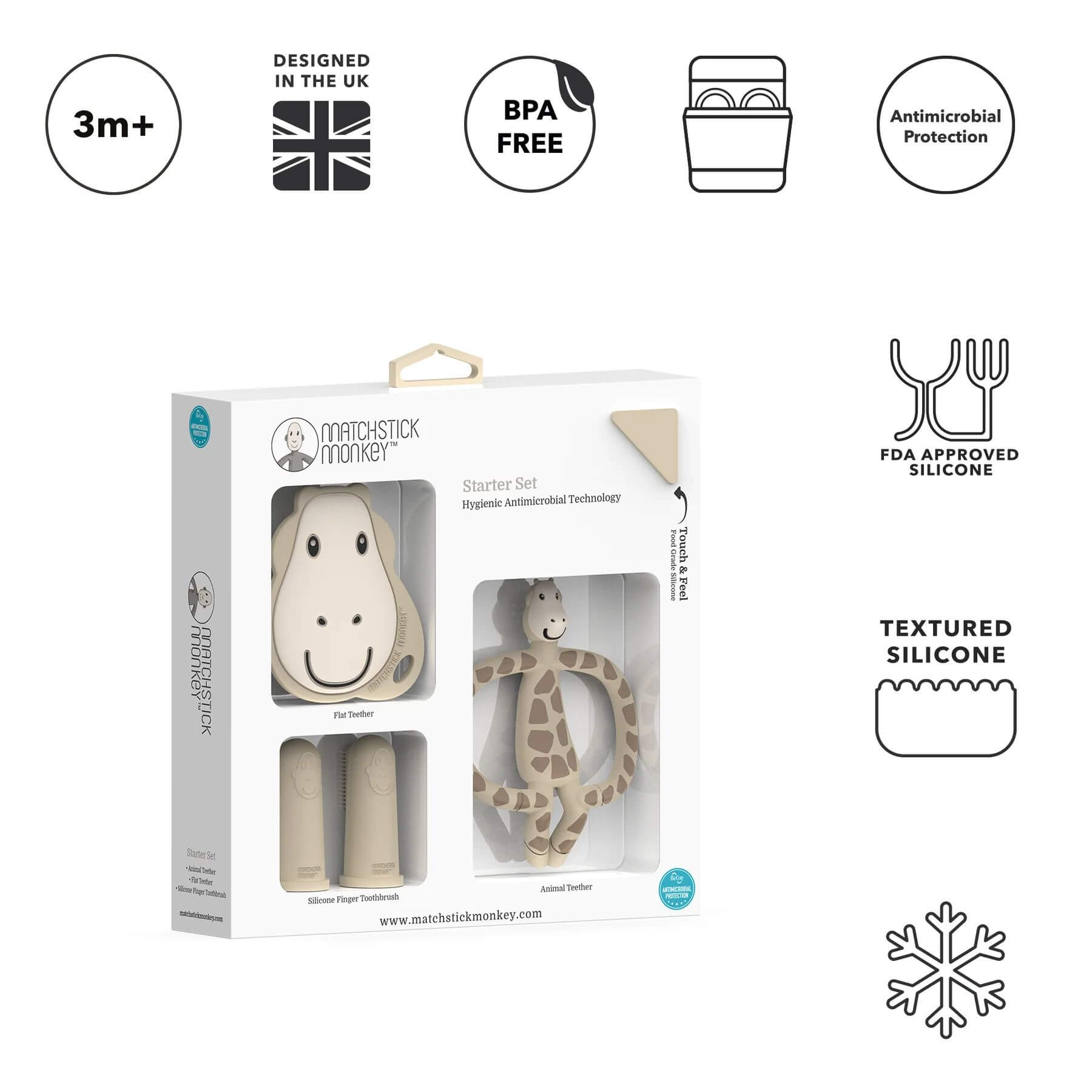 Matchstick Monkey gigi giraffe teething starter set with flat and animal teethers, silicone finger toothbrushes, BPA-free and antimicrobial, designed in the UK.