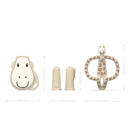 Matchstick Monkey gigi giraffe teething starter set, including flat teether, finger toothbrushes, and animal teether, with dimensions for each item displayed.