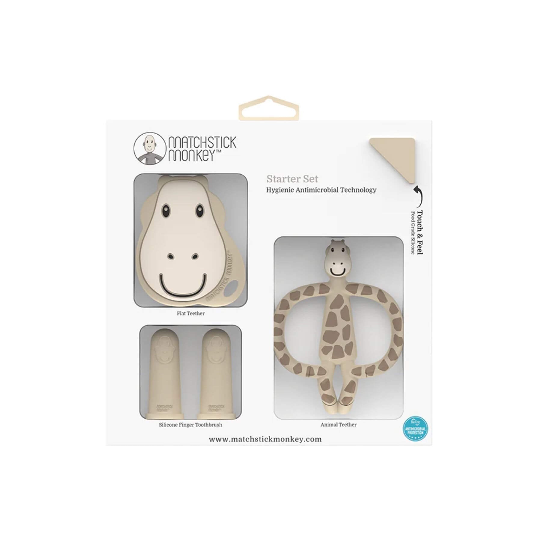 Matchstick Monkey Gigi Giraffe teething starter set in packaging, featuring a flat teether, animal teether, and silicone finger toothbrushes with antimicrobial protection