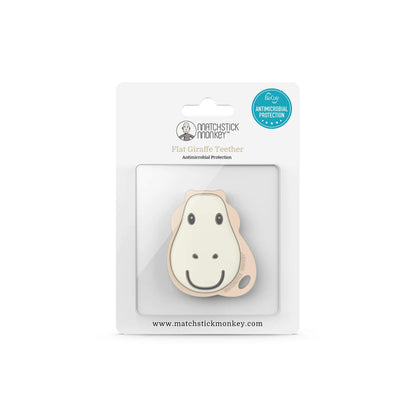 Packaging of Matchstick Monkey Flat giraffe Teether with antimicrobial protection, featuring a smiling monkey face for soothing teething babies.