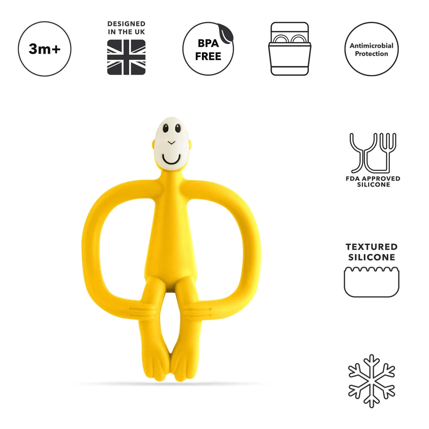 Yellow Matchstick Monkey original teether toy. Suitable for 3 months and older, designed in the UK, BPA-free, antimicrobial protection, FDA-approved silicone, textured for teething, and freezer safe.