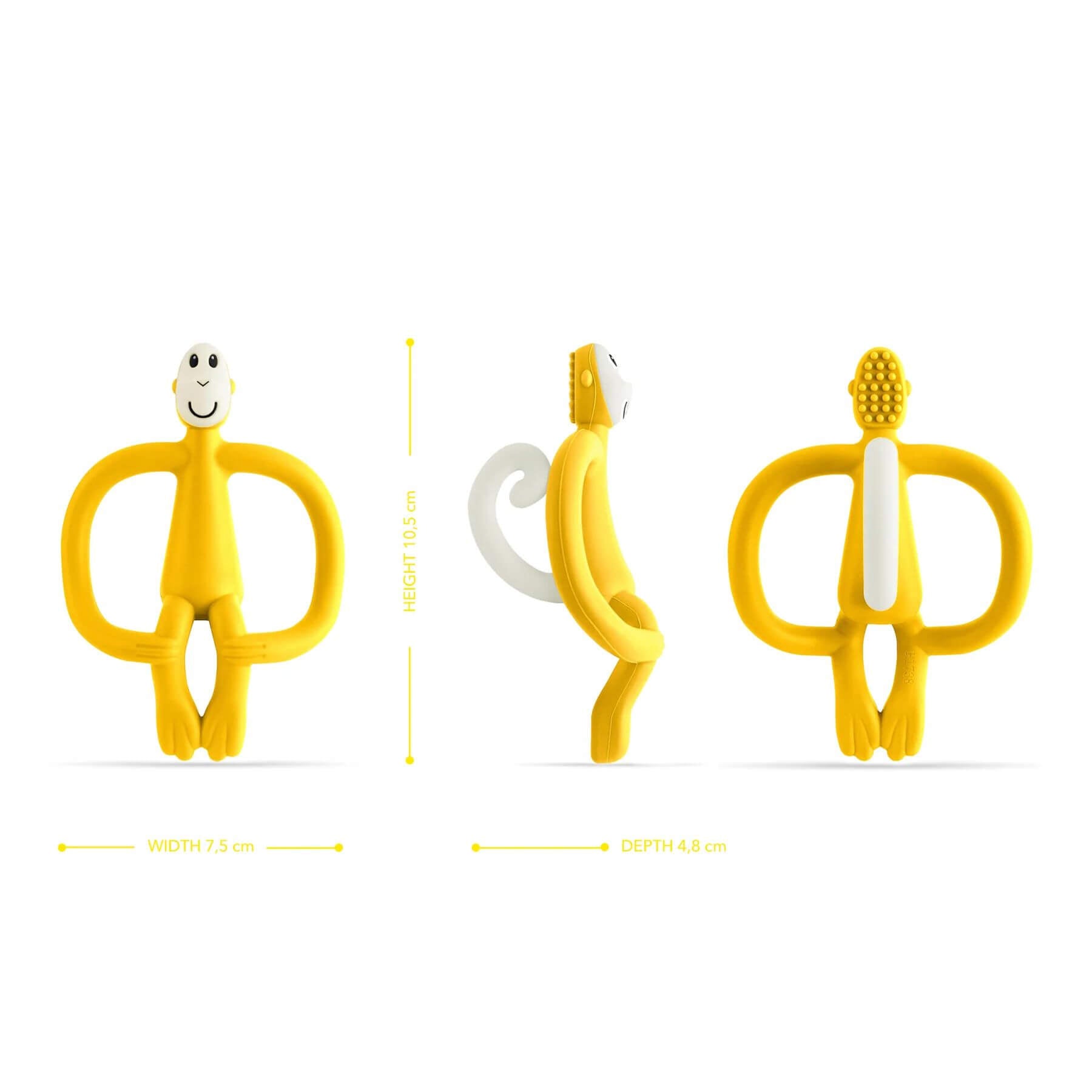 Matchstick Monkey original yellow teether shown from three angles (front, side, back) with measurements: 10.5 cm height, 7.5 cm width, 4.8 cm depth.