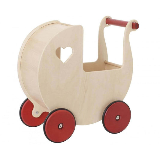 Moover Toys natural birch veneer wooden dolls' pram with red wheels and heart-shaped cutouts, designed for toddlers' imaginative and role-playing activities.