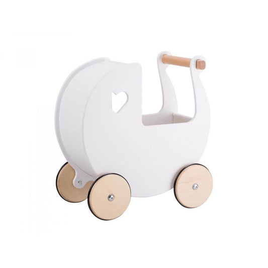 Moover Toys white wooden dolls' pram with heart-shaped cutouts, natural wooden wheels and handle, designed for toddlers' imaginative play and role-playing fun.