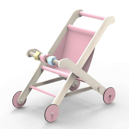 Moover Toys pink wooden dolls' stroller with pastel-coloured beads and natural wood frame, designed for toddlers to enjoy imaginative role play and promote motor skills.