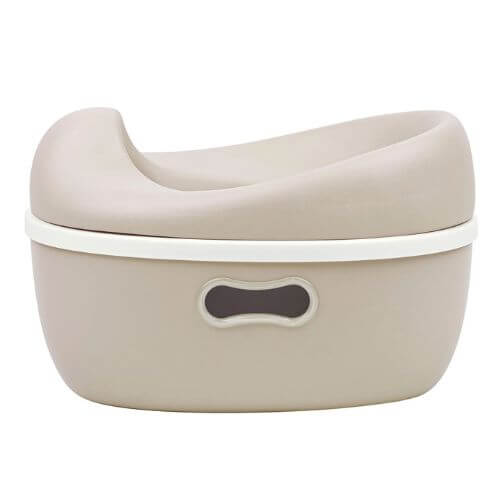 Side view of the beige Nattou 3-in-1 Potty, showing its sturdy base and simple, modern shape.