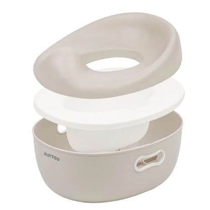 The Nattou potty disassembled into three parts, demonstrating its multi-functional design.